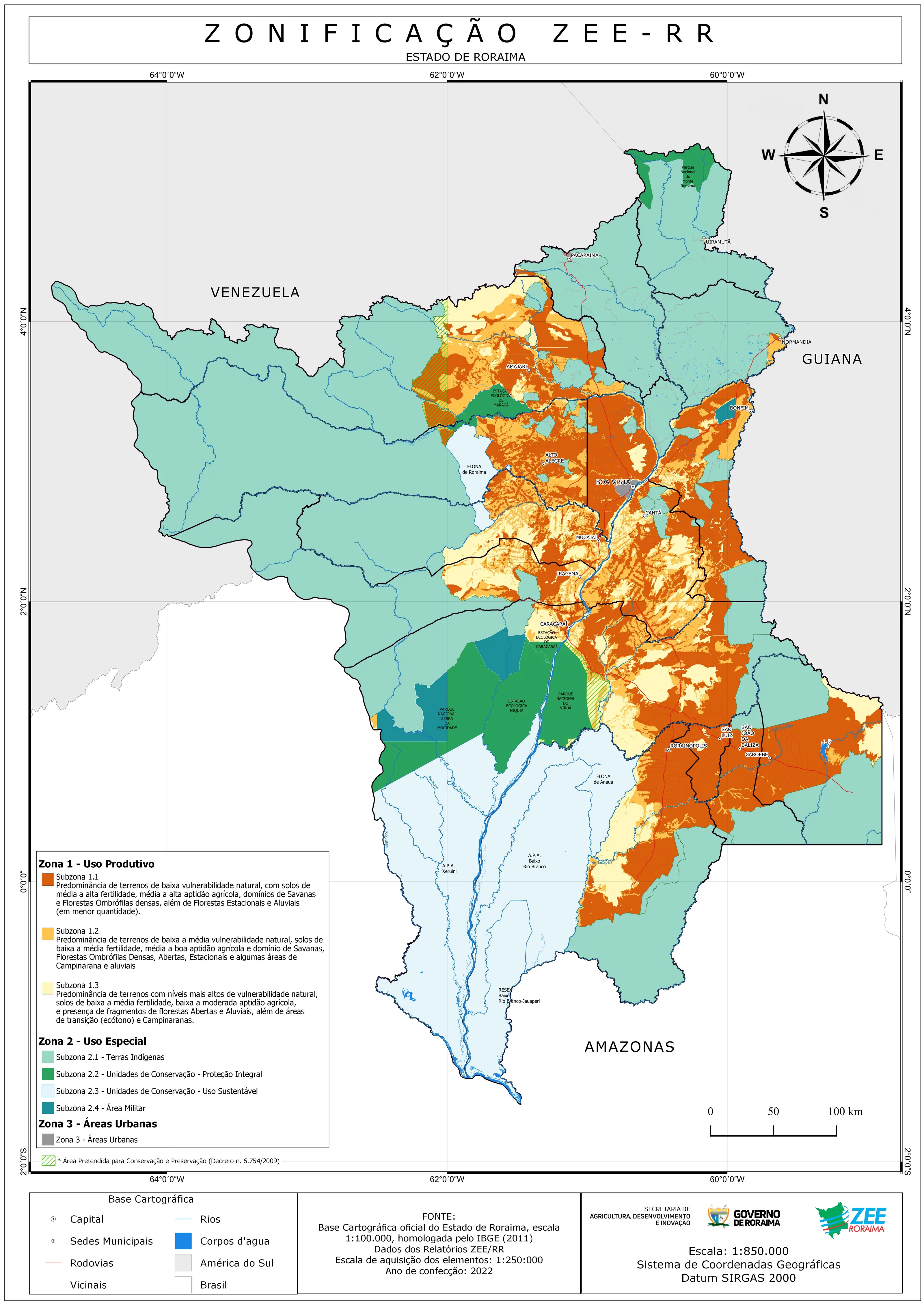 Mapa de Subzonas Territoriais de Roraima, com zonas de uso produtivo, uso especial, áreas urbanas, municípios, rios e rodovias